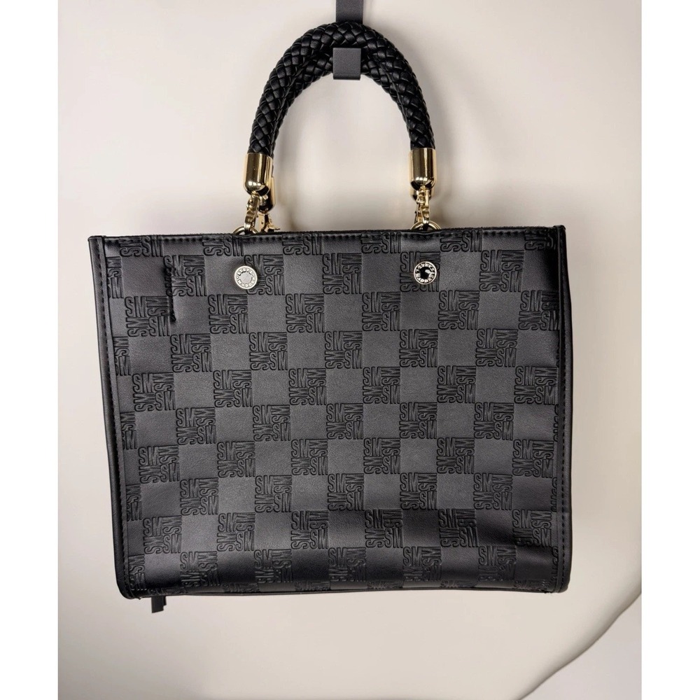 Steve Madden Black Monogram Satchel Purse Gold Hardware Braided Handle Bag